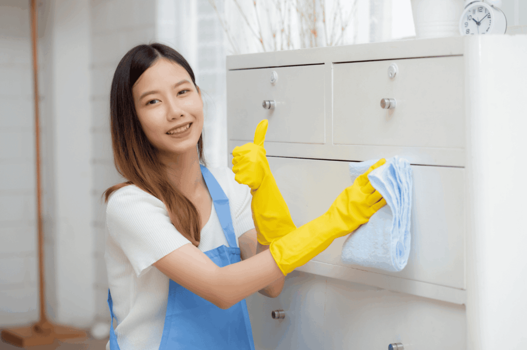 Smiling domestic helper in Singapore wearing apron and gloves, cleaning white cabinet in modern expat home—professional housekeeping services for expatriates.