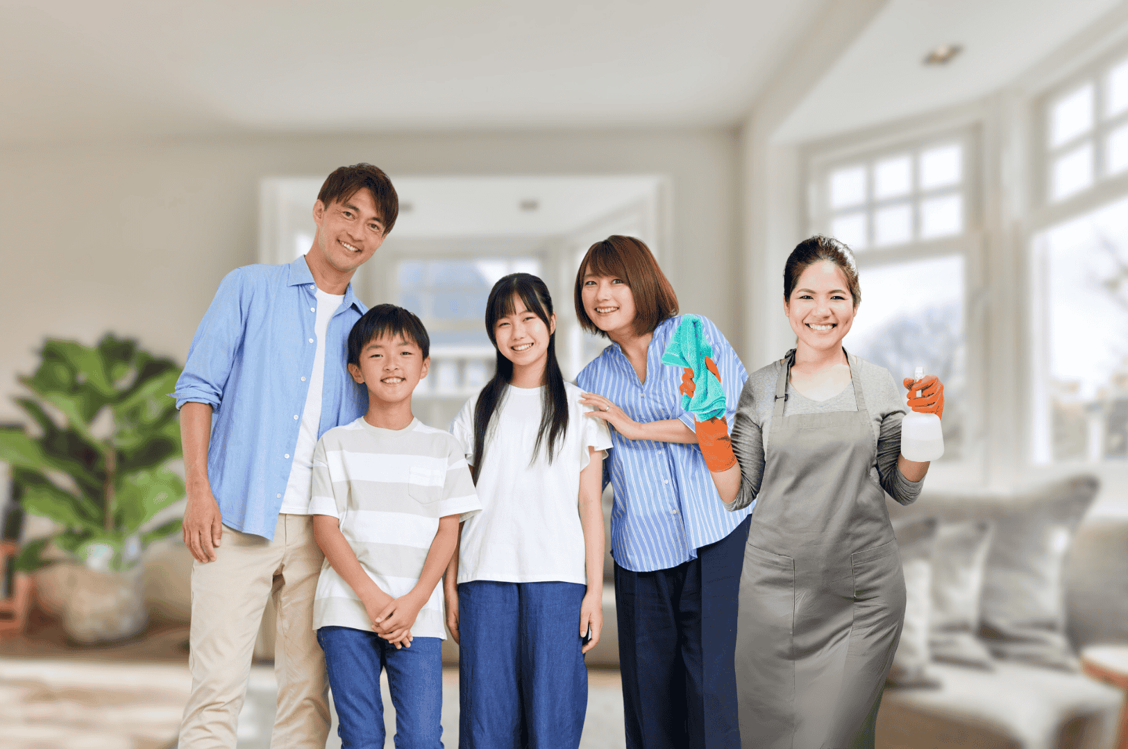 A family of employers in Singapore stands with one domestic helper and a housekeeper in a modern household, illustrating the hiring process for domestic help through a maid agency or employment agency. The foreign domestic worker, wearing an apron and holding cleaning supplies, represents the responsibilities and services involved in taking care of children, relatives, and household tasks. This image reflects the complete journey of hiring a new helper or transfer maids, including work permit application, helper's salary, levy concession, and MOM regulations. It highlights the cost, fees, and deductions employers must consider, as well as the support, insurance, and obligations tied to hiring subsequent FDW candidates. The scene conveys the importance of deciding fairly, being prepared, and understanding the manpower process, income requirements, and risks associated with hiring foreign domestic workers overseas. It also emphasizes how agencies assist employers to connect with eligible helpers, recover from illegal hiring penalties, and save money while ensuring prompt access to expertise. The image underscores the emotional and financial matter of employment, the load shared by the team, and the value of direct communication between employers and domestic workers.