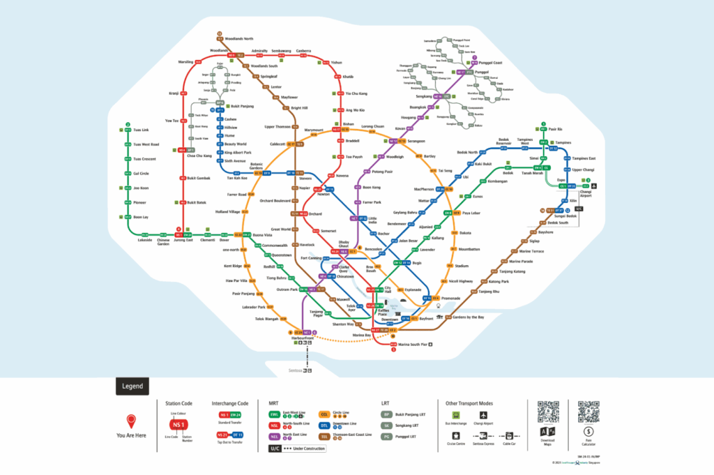 Full-color Singapore MRT map showing all MRT lines including the North South Line, East West Line, Circle Line, Downtown Line, North East Line, Thomson East Coast Line, and LRT lines such as Bukit Panjang LRT, Sengkang LRT, and Punggol LRT, with clearly labeled MRT stations and interchange stations like Dhoby Ghaut, City Hall, Chinatown MRT, Marina Bay, Orchard Road, Raffles Place, Botanic Gardens, and Tanjong Pagar. This Singapore MRT Guide for Expats helps users explore Singapore’s mass rapid transit system with easy access to train stations, MRT rides, bus rides, and public transport options. The MRT map supports travel planning with Google Maps, SimplyGo app, MyTransport app, and the official app, showing train frequency during peak hours, off peak hours, rush hours, off peak times, and midnight daily. Riders can pay directly using contactless bank cards, mobile wallets like Apple Pay, Samsung Pay, Fitbit Pay, or physical cards such as EZ-Link, NETS FlashPay, and travel cards from other countries. Ticketing machines offer single trip tickets and the Singapore Tourist Pass. Features include operating hours, priority seats, admin fee info, first bus timings, convenience stores, public buses, and cost-effective train services across one line or multiple MRT lines, covering total distance for every journey and ride.