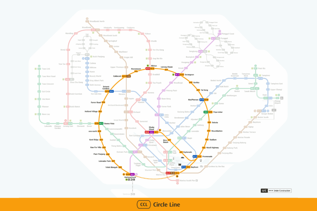 Detailed Singapore MRT map highlighting the Circle Line (CCL) in orange, with clearly marked interchange stations and connections to the North-South Line, East-West Line, Downtown Line, North-East Line, and Thomson-East Coast Line—ideal for expats navigating Singapore’s Mass Rapid Transit system. This Singapore MRT Guide for Expats showcases train stations, MRT lines, and travel routes around key areas like Dhoby Ghaut, Bras Basah, and Marina Bay, offering easy access to public transport, MRT rides, and bus service options across the city.