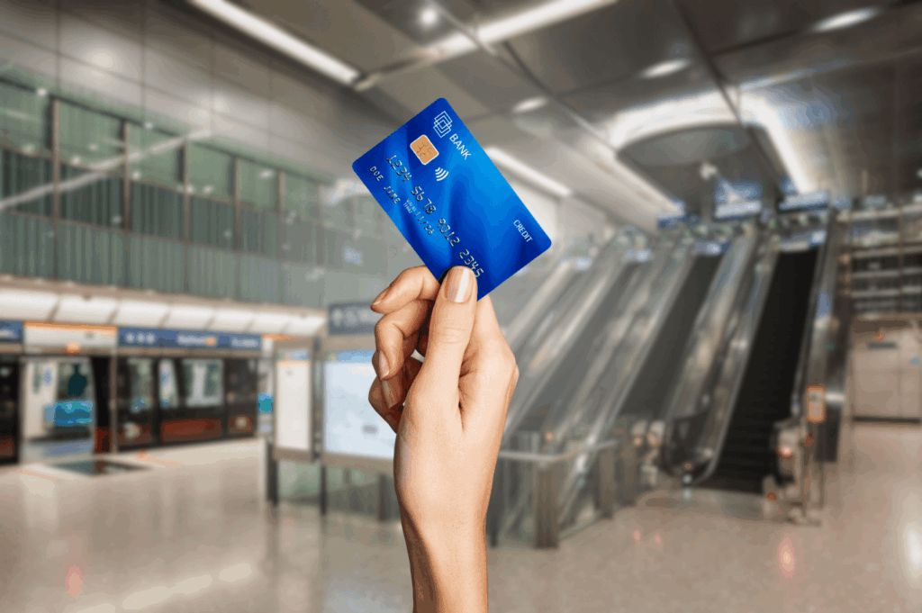 Hand holding a blue contactless bank card at a modern Singapore MRT station, ready to pay directly for MRT rides, bus rides, and train services across Singapore’s mass rapid transit system. This Singapore MRT Guide for Expats highlights how to simply tap using physical cards, mobile wallets like Apple Pay, Samsung Pay, Fitbit Pay, or travel cards from other countries such as EZ-Link and NETS FlashPay. The sleek station environment supports MRT lines including the North South Line, East West Line, Circle Line, Downtown Line, North East Line, Thomson East Coast Line, and LRT lines like Bukit Panjang LRT. Expats can explore Singapore with the Singapore Tourist Pass, single trip tickets, and official apps like SimplyGo and MyTransport, supported by Google Maps and ticketing machines at MRT stations and convenience stores. Key interchange stations and train stations such as Dhoby Ghaut, City Hall, Chinatown MRT, Marina Bay, Orchard Road, Raffles Place, Botanic Gardens, and Tanjong Pagar are accessible during peak hours, off peak hours, rush hours, off peak times, and midnight daily. The MRT map helps plan cost-effective journeys with public transport options including public buses and bus service routes, train frequency, operating hours, priority seats, admin fee info, first bus timings, total distance, and one line transfers for every ride.