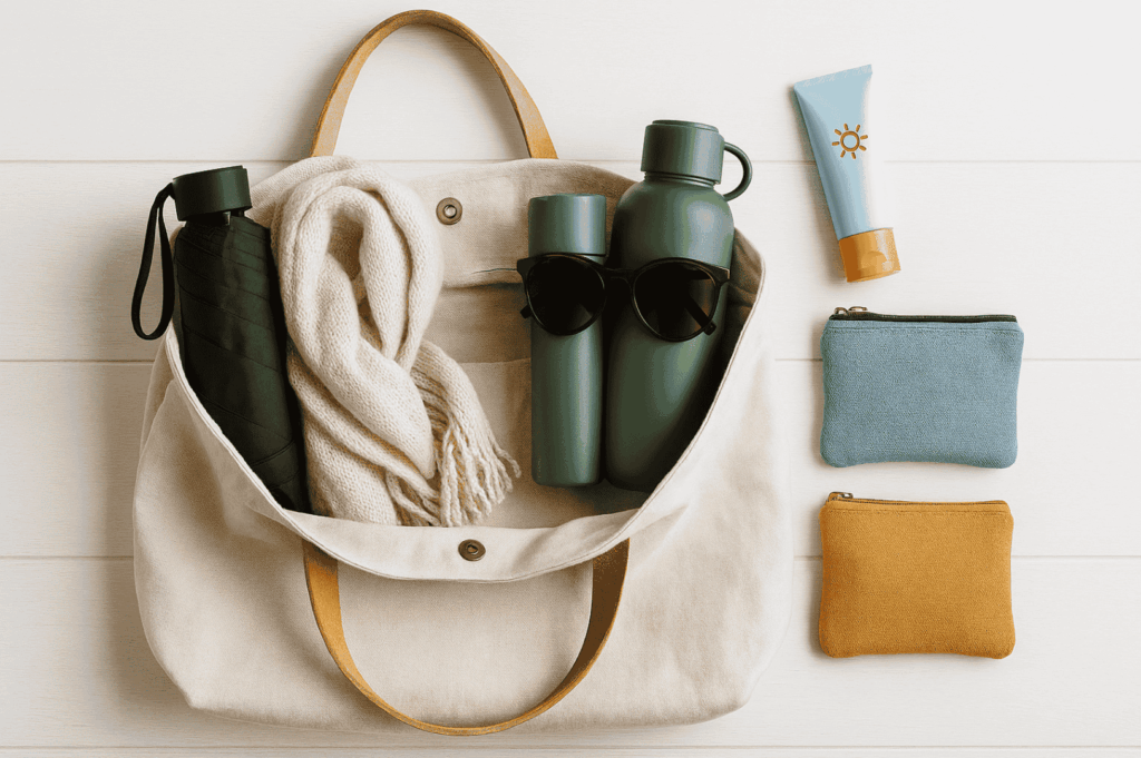 A flat lay of tropical day-out essentials features a beige canvas tote with tan leather handles, packed with water bottles, sunglasses, a scarf, and sunscreen. Three colorful zippered pouches sit beside it, adding a touch of personality. The arrangement reflects a thoughtful expat wardrobe strategy—hydration, sun protection, and adaptable accessories for Singapore’s heat, humidity, and spontaneous adventures.