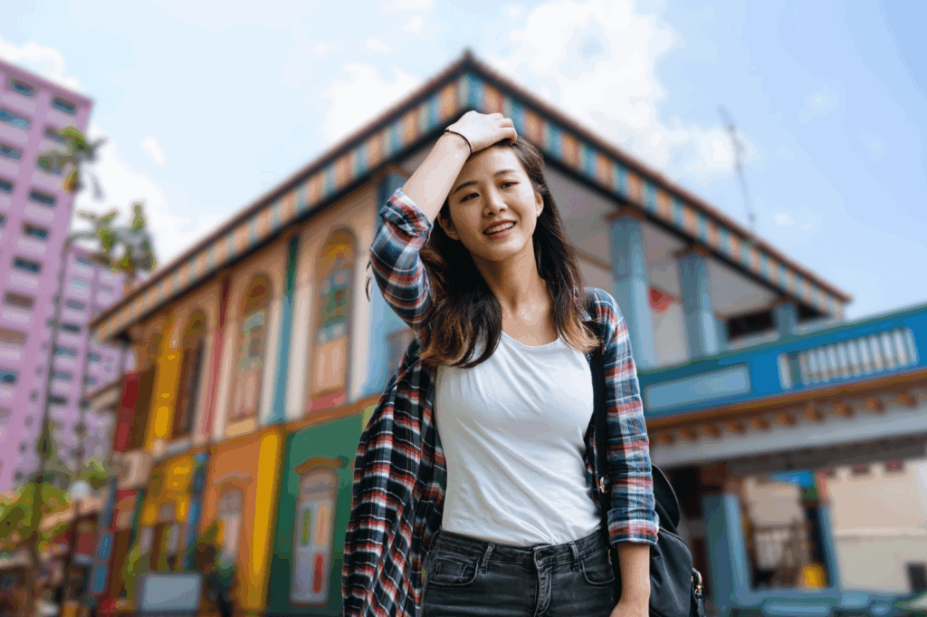 A person stands in front of a vibrantly colored heritage building, wearing a white shirt layered with a plaid overshirt and dark jeans. Their relaxed pose and black bag suggest casual confidence. The vivid architecture and tropical setting highlight the need for breathable layers and expressive styling—key elements of a practical expat wardrobe that adapts to Singapore’s heat while honoring its rich cultural backdrop.