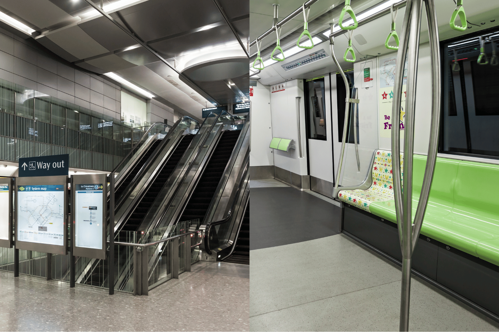 Escalators leading to a clean, modern Singapore MRT station and an empty train carriage with green seats—showing reliable public transport during heavy rain.