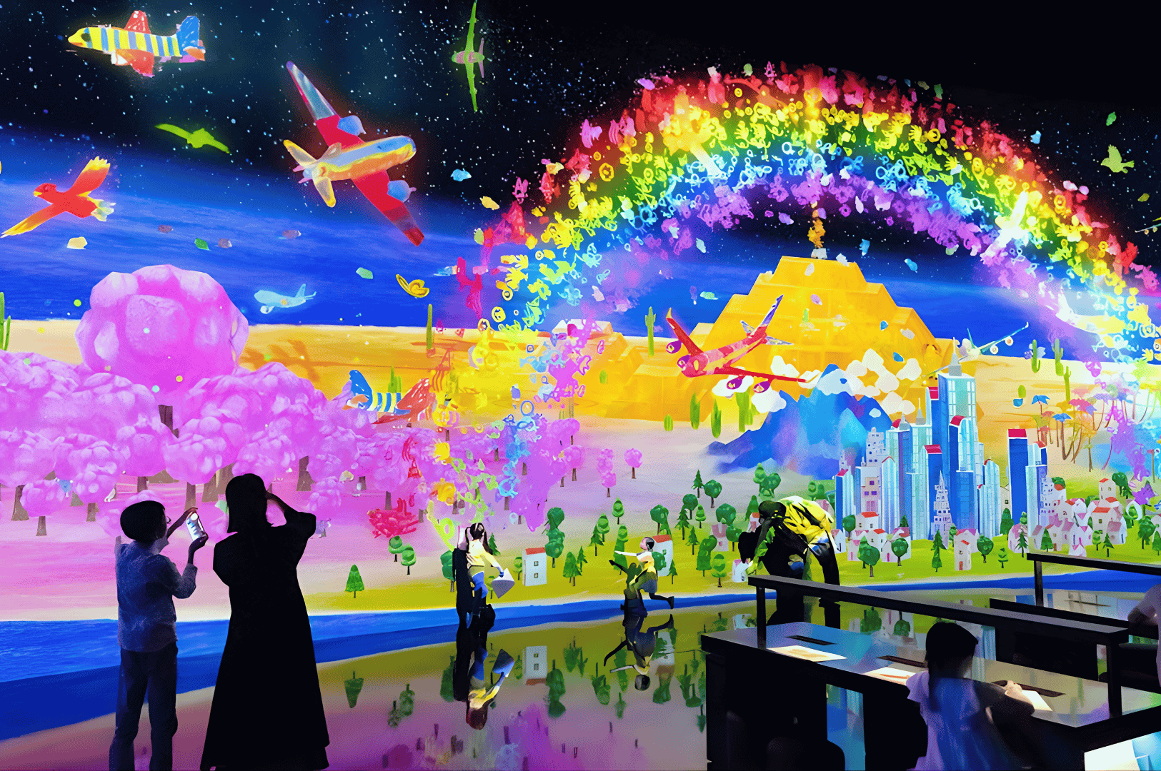 Visitors stand indoors by reflective floors, looking at a bright mural with a rainbow arching over a city in the ArtScience Museum during Singapore’s rainy monsoon season.