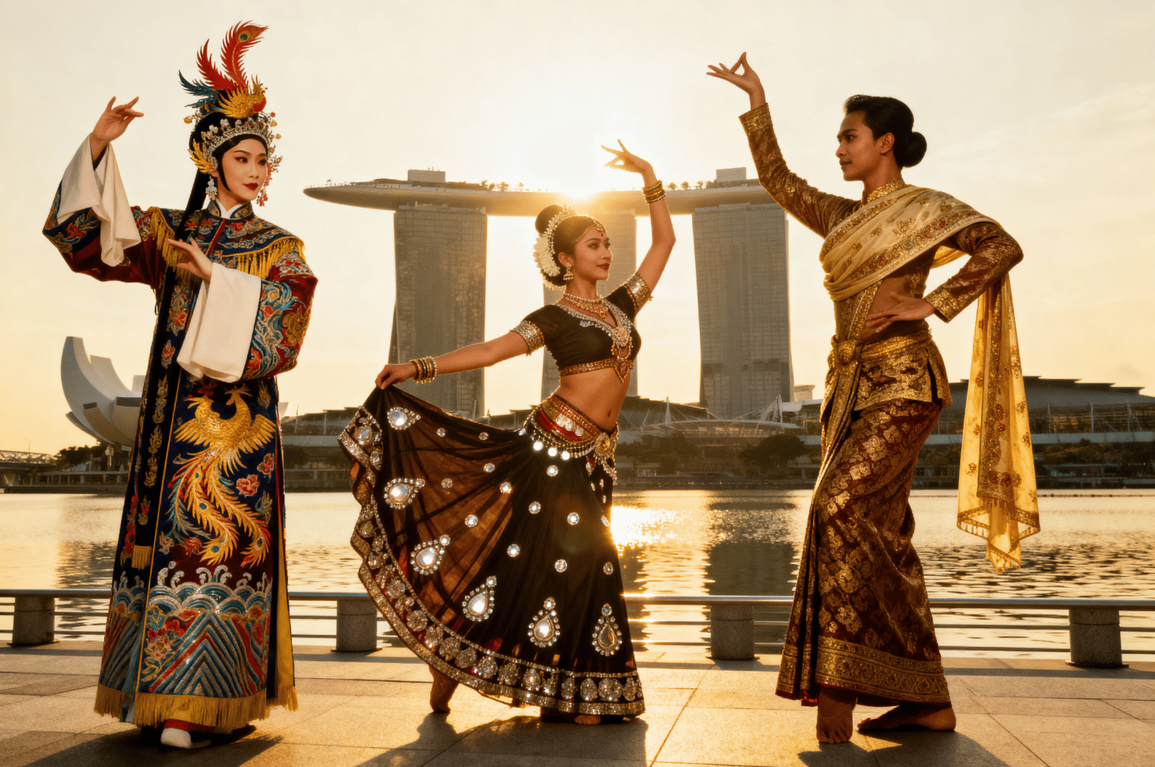 Singapore cultural performance at Marina Bay Sands promenade featuring three performers in traditional attire—Chinese opera, Indian classical dance, and Malay dress—posing gracefully at sunset to showcase the city’s diverse heritage.