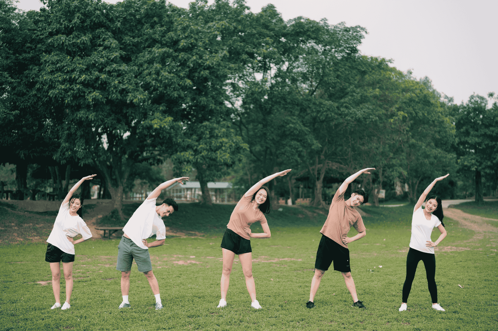 Group of people performing synchronized side stretches in a lush Singapore park, showcasing community fitness and outdoor wellness in public green spaces.