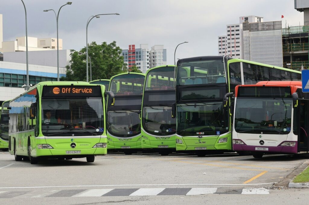 A row of Singapore Bus Services buses parked in a terminal, showcasing their distinct colors and branding.