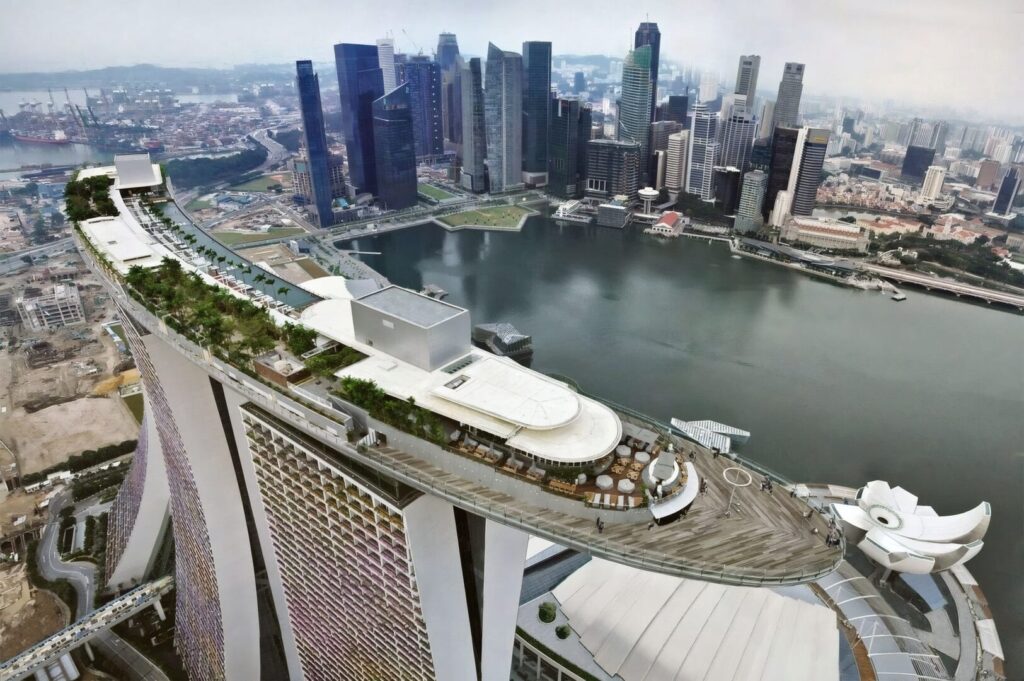The Marina Bay Sands hotel and casino, the tallest in Singapore, showcases the stunning SkyPark above its three towers.