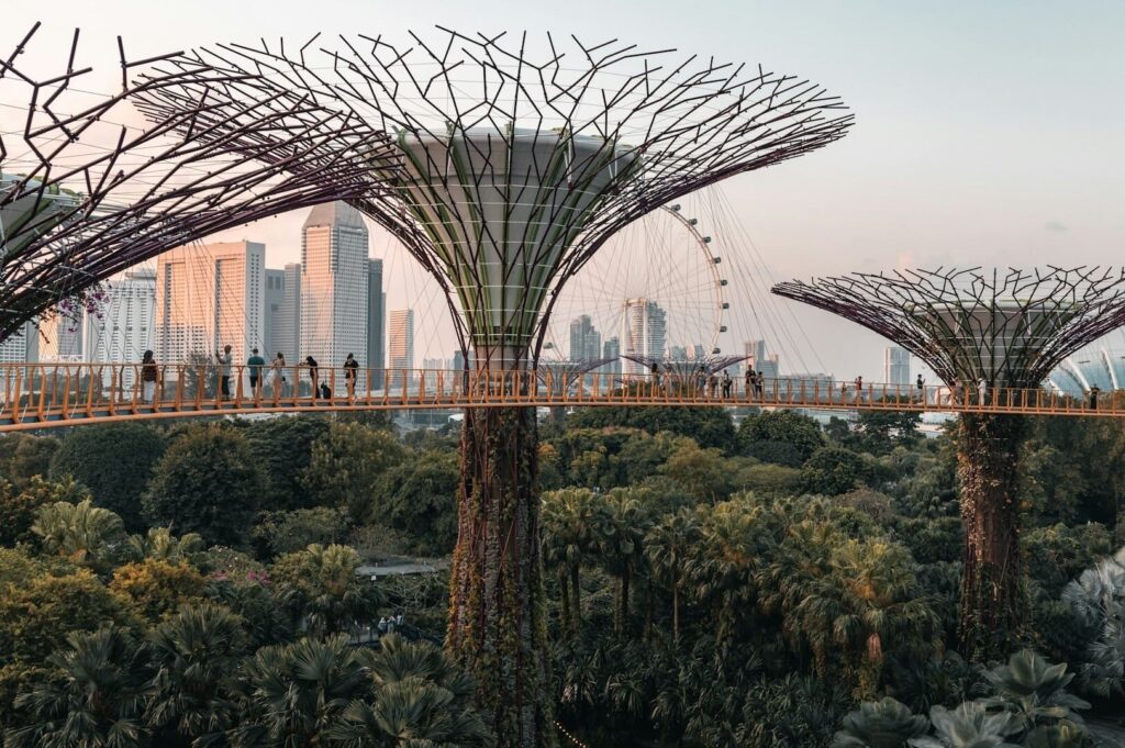Vibrant scene of Singapore's Gardens by the Bay, featuring towering Supertrees and diverse plant life in a futuristic setting.
