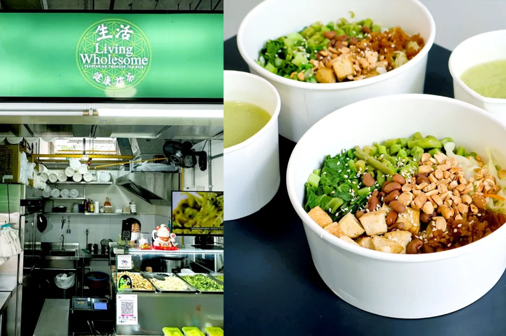 Wholesome vegetarian bowls with greens, tofu, and peanuts at food stall.