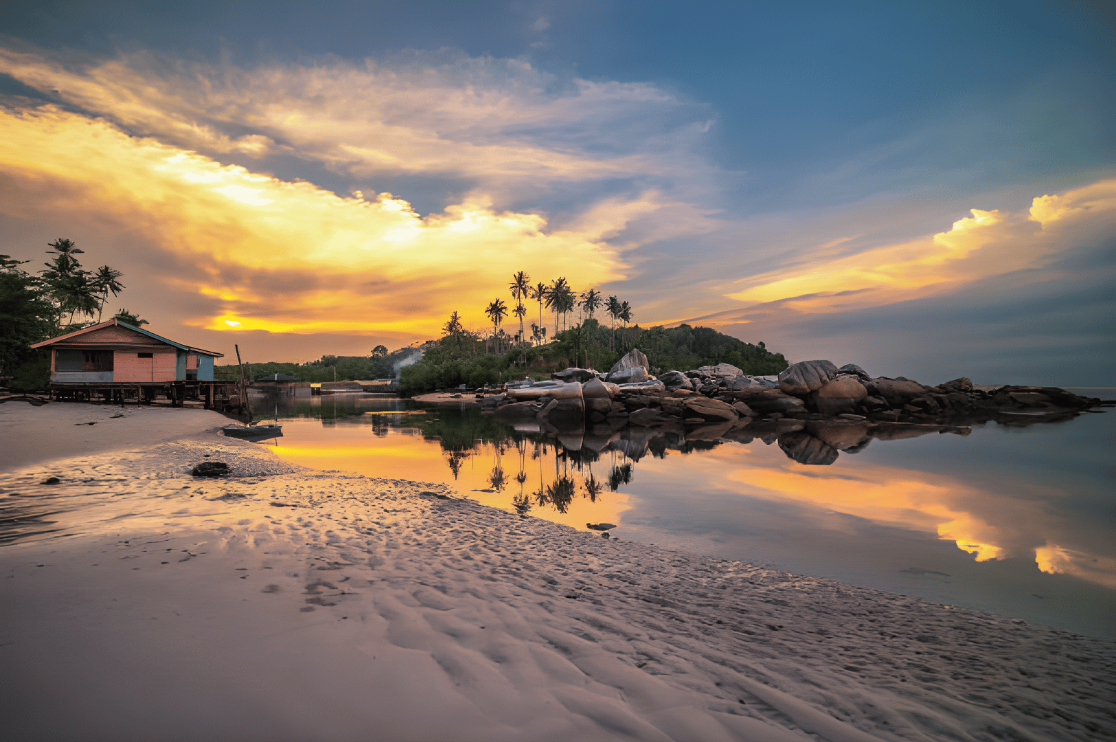 Golden hour serenity on Bintan Island, Indonesia—rippling sand and scattered rocks frame a tranquil coastal scene bathed in warm hues of orange and blue. A stilted wooden house nestles among palm trees on the left, while mirrored reflections of sky and foliage shimmer across the calm water. This peaceful moment at sunrise or sunset captures the soulful stillness of island life, offering a poetic finale to a perfect beach escape from Singapore.