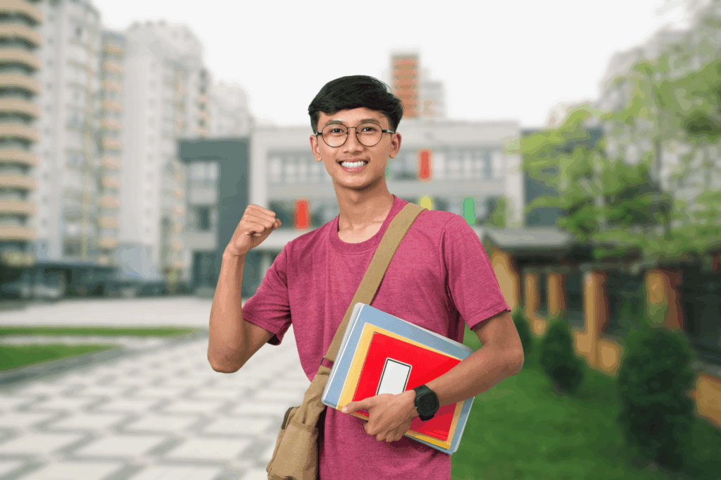 Smiling student in maroon t-shirt stands outside a modern Singaporean campus, holding textbooks and a smartphone—symbolizing the nation’s vibrant tuition culture and the blend of traditional study with digital learning. A tan shoulder bag and smartwatch hint at the fast-paced, tech-integrated lifestyle of students navigating supplementary education.