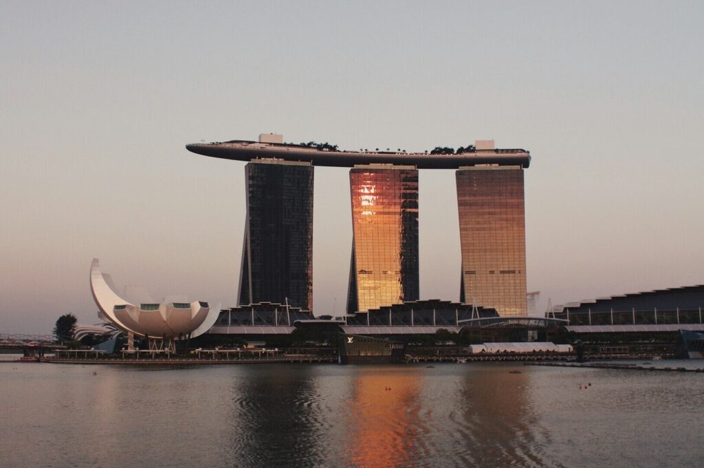 Iconic Marina Bay Sands hotel in Singapore, featuring three interconnected towers and a unique rooftop sky park.