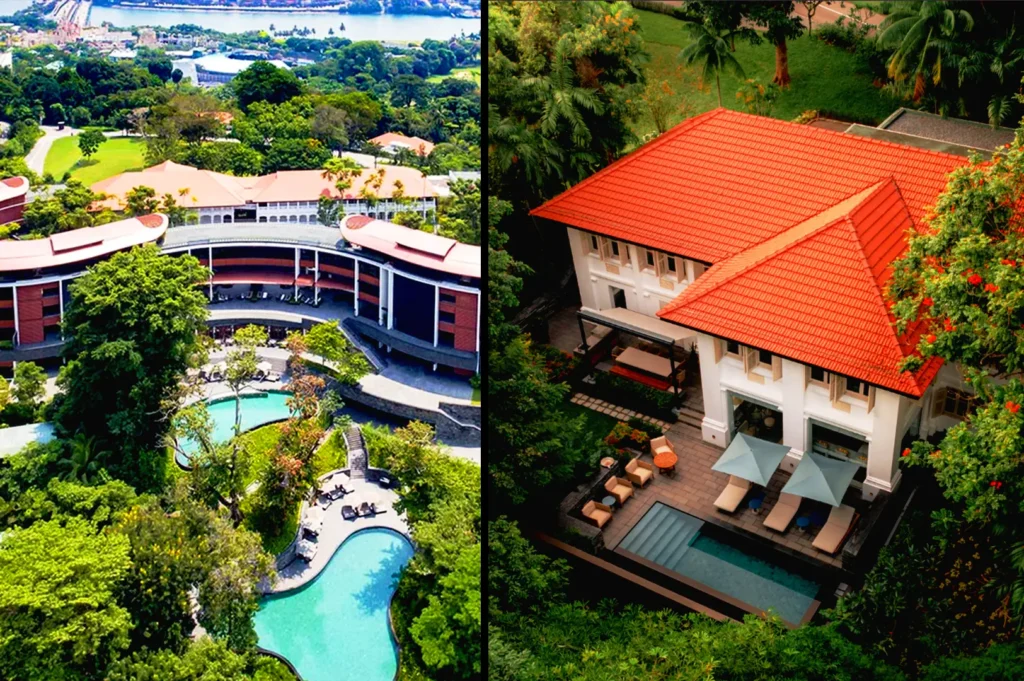 Luxury resort at Capella Singapore Sentosa featuring tropical villas, private pool, and lush greenery overlooking the coastline