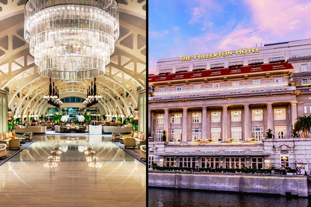 The Fullerton Hotel Singapore Marina Bay exterior and grand lobby interior with chandelier showcasing iconic heritage luxury hotel