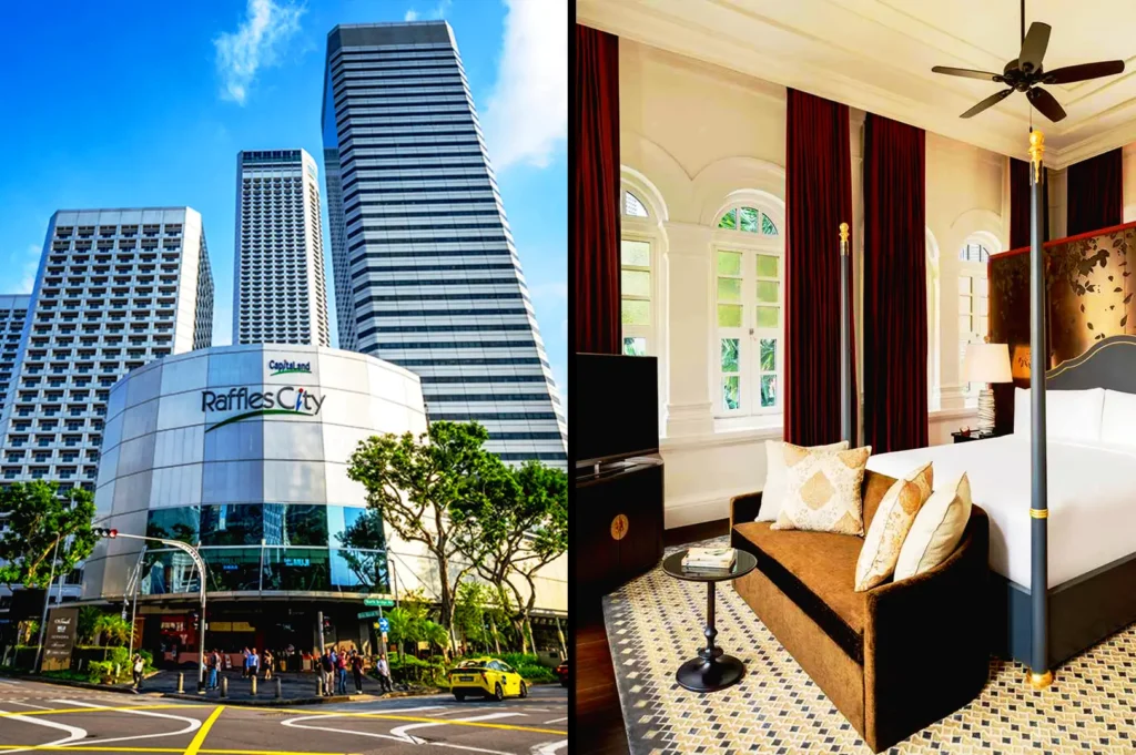 Raffles City Singapore skyline and colonial-style hotel suite interior near City Hall district with modern luxury amenities