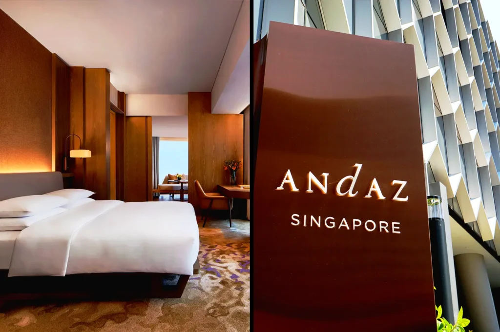 Andaz Singapore Bugis hotel room interior and exterior signage featuring modern design and panoramic city views