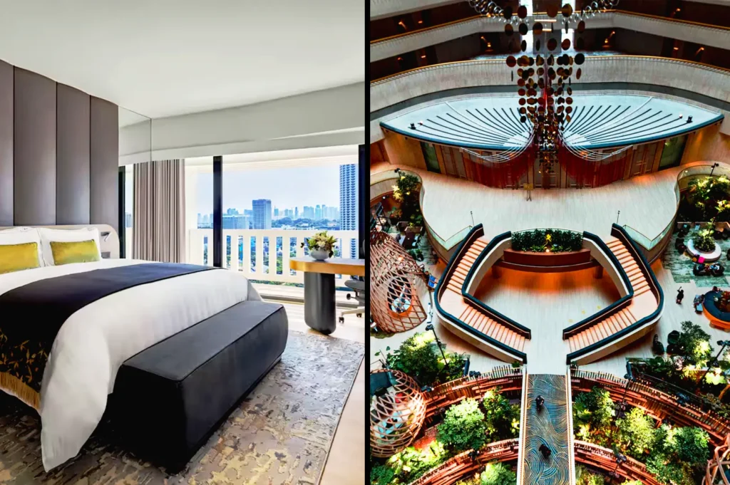 PARKROYAL COLLECTION Marina Bay Singapore atrium garden and luxury hotel room with skyline views and eco-inspired design