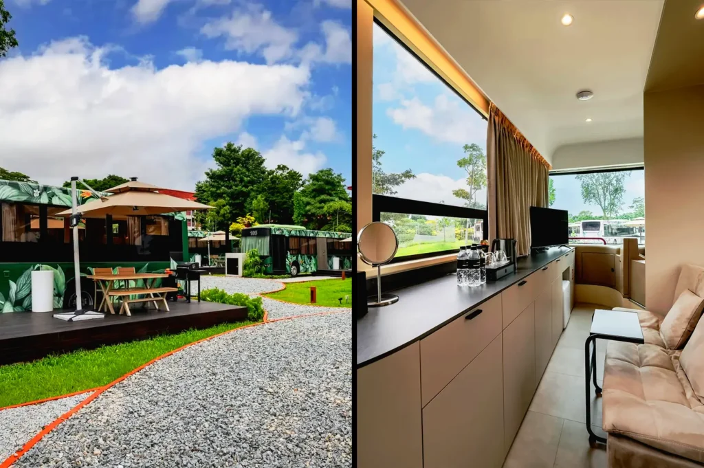 The Bus Collective Changi Village Singapore unique container hotel concept with outdoor seating and modern compact interiors