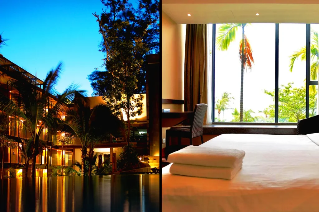 Siloso Beach Resort Sentosa eco-friendly hotel with tropical pool at night and serene room interior overlooking greenery