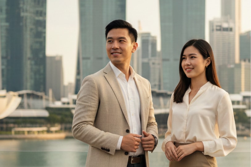 A man and woman in professional attire standing outdoors with a city skyline in the background, smiling confidently.
