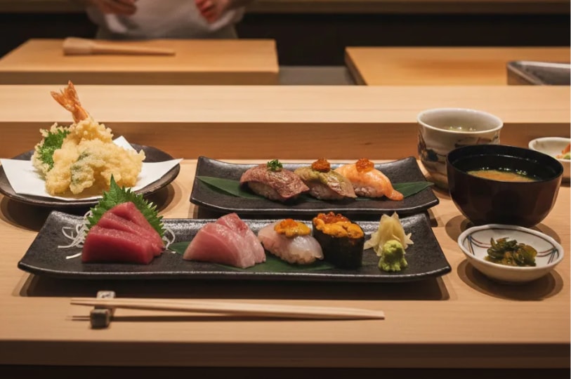 Japanese omakase meal with sushi, sashimi, tempura, miso soup, and tea served on a wooden counter.