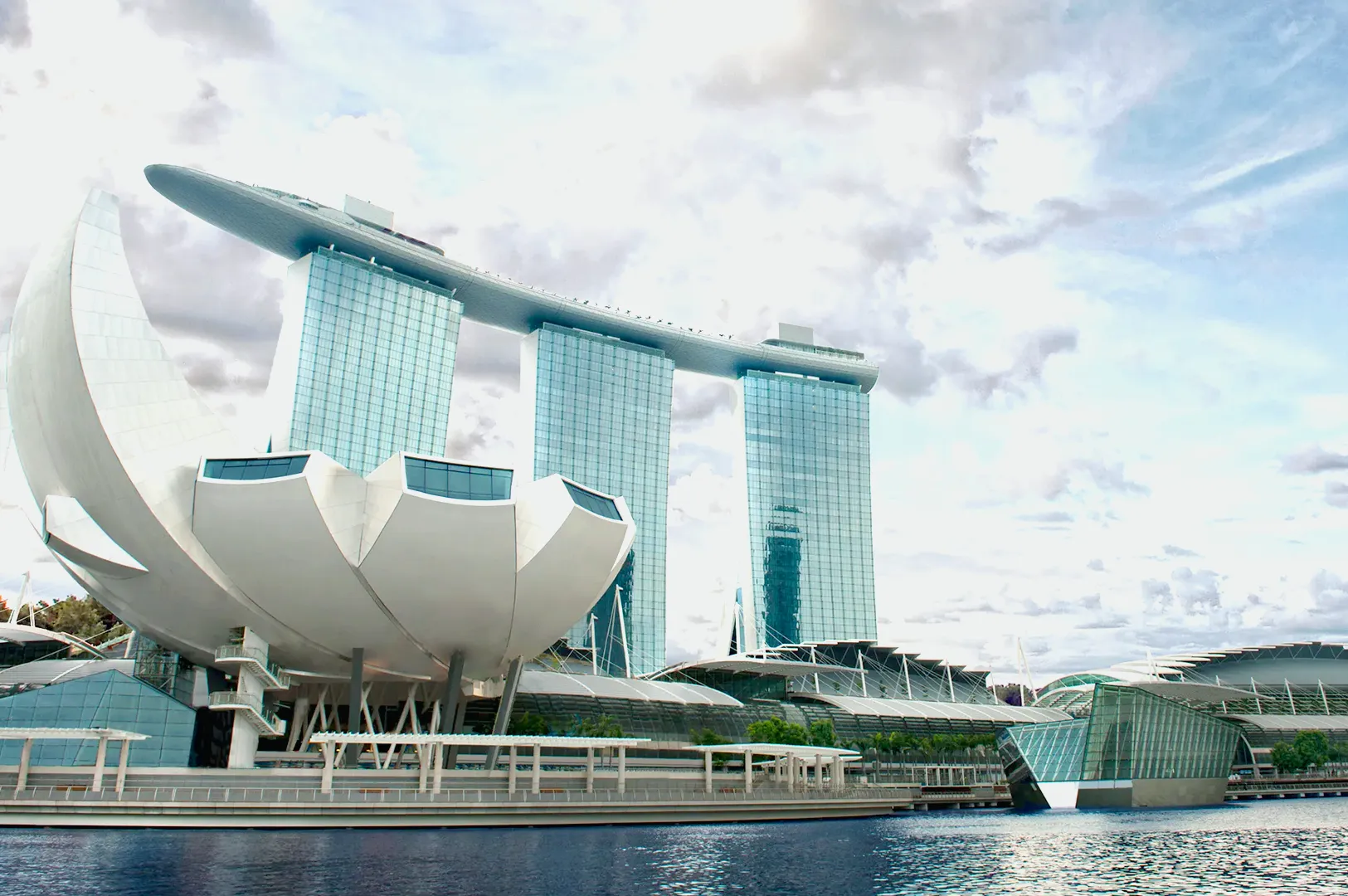 Singapore waterfront skyline with iconic landmarks near Orchard dining area