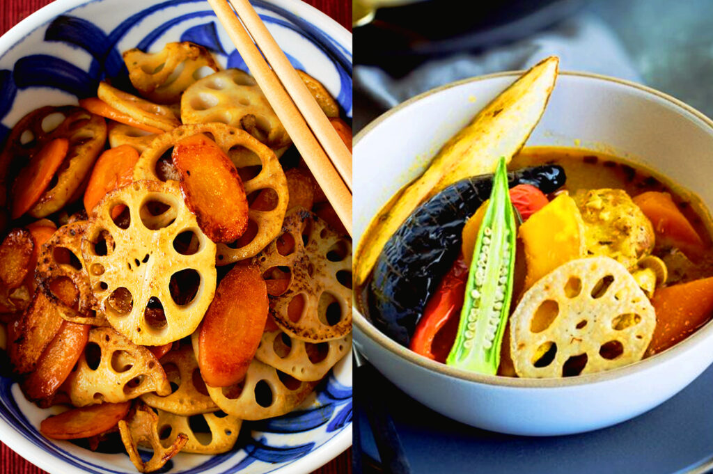 Japanese lotus root stir fry and Hokkaido soup curry with fresh vegetables