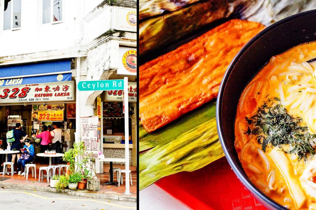 328 Katong Laksa storefront on East Coast Road with customers and famous laksa noodle soup close-up with prawns and coconut broth