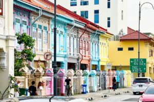 Colorful Peranakan shophouses on Koon Seng Road Katong Singapore with pastel heritage architecture and traditional terrace houses