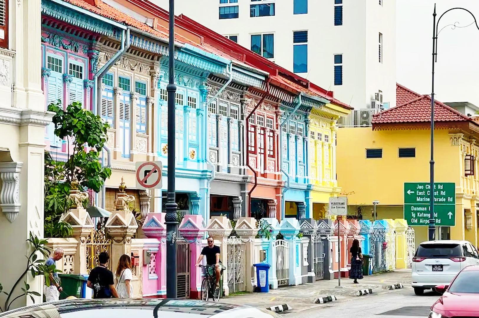Colorful Peranakan shophouses on Koon Seng Road Katong Singapore with pastel heritage architecture and traditional terrace houses