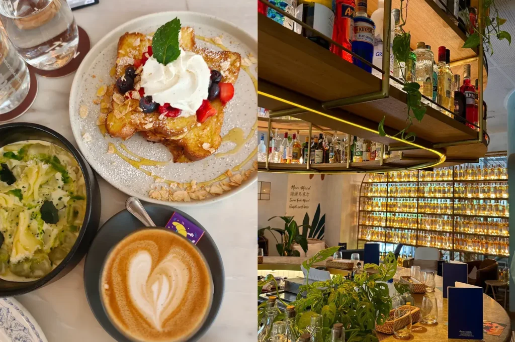 French toast with berries, latte, and bright cafe interior with bottle-lined shelves.