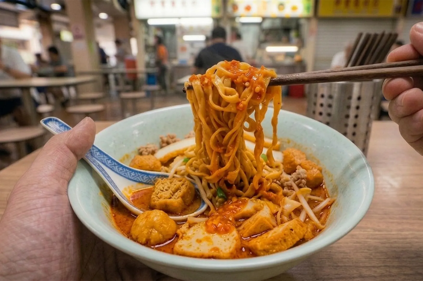 Chopsticks lifting noodles from bowl with fishballs and chili sauce in hawker center.