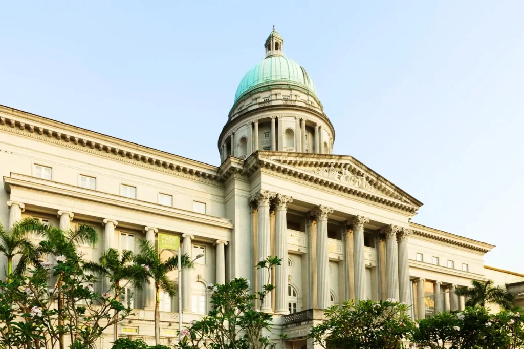 National Gallery Singapore historic building exterior with neoclassical architecture and green dome in Singapore