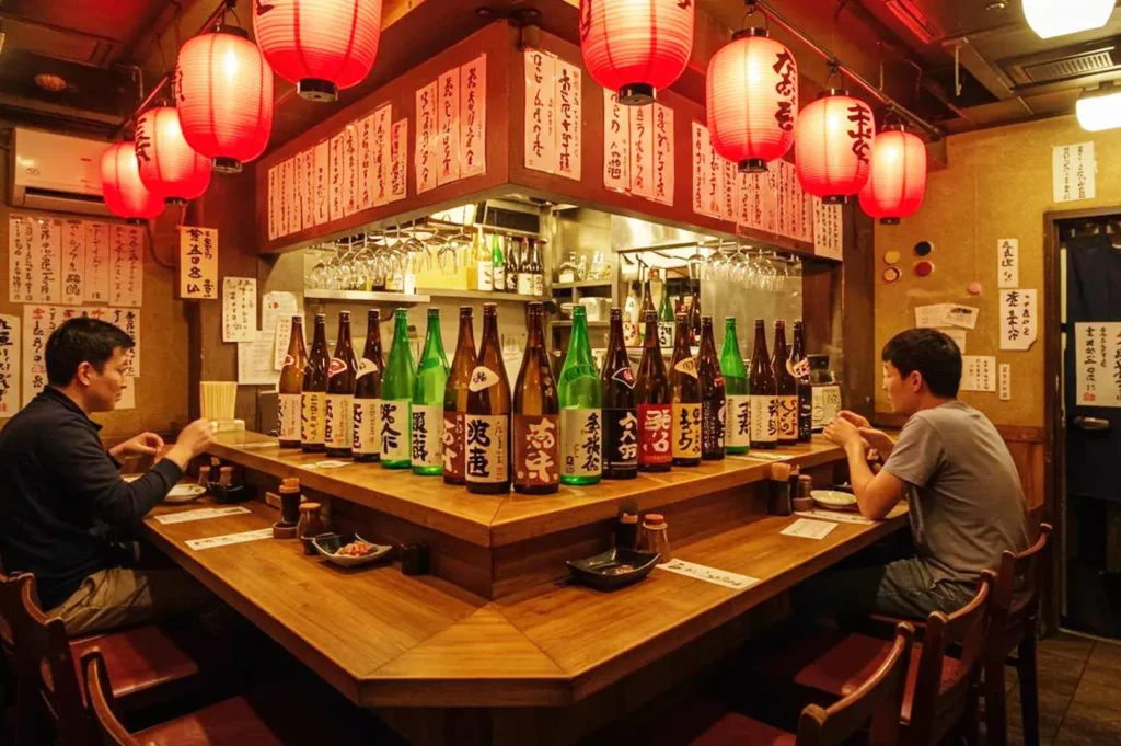 Traditional Japanese izakaya interior with red lanterns, wooden counter seating, and sake bottle display