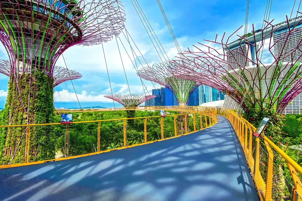 Supertree Grove skywalk at Gardens by the Bay Singapore with futuristic garden architecture and Marina Bay skyline views