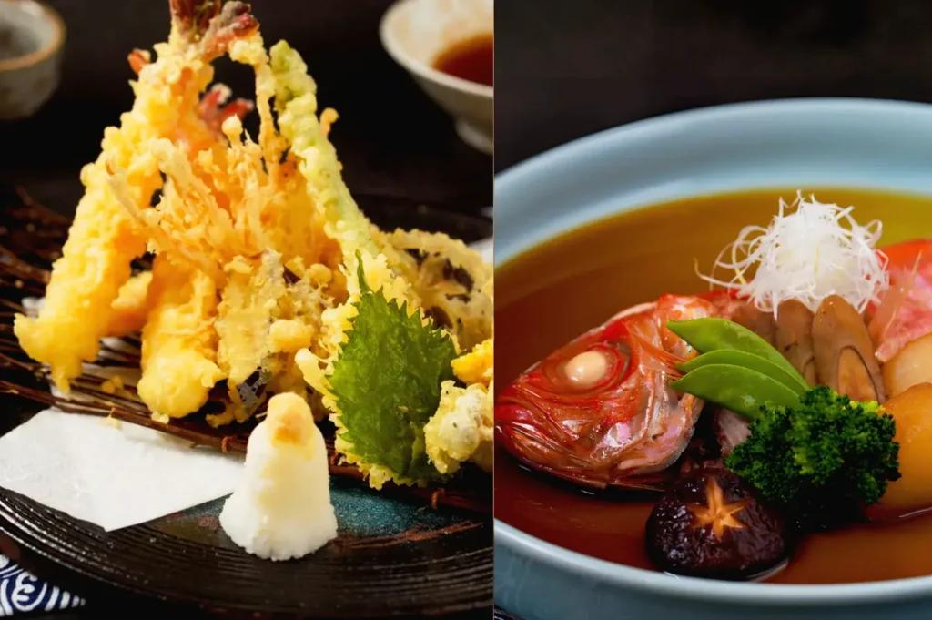 Crispy assorted tempura platter and traditional Japanese fish stew served at a hidden Japanese restaurant in Cuppage Plaza Singapore