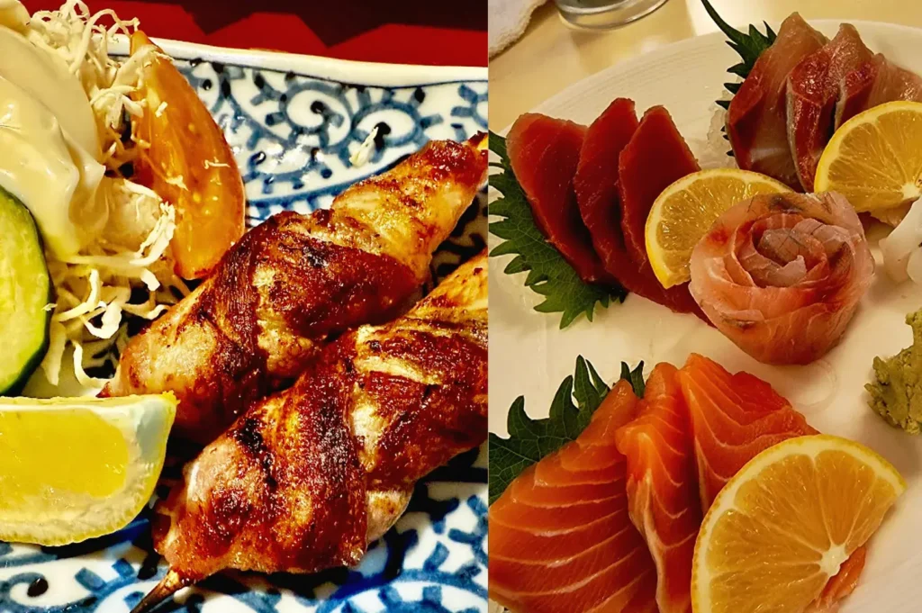 Chargrilled yakitori chicken skewers with fresh lemon alongside assorted sashimi platter at a Japanese dining spot in Cuppage Plaza Orchard Road