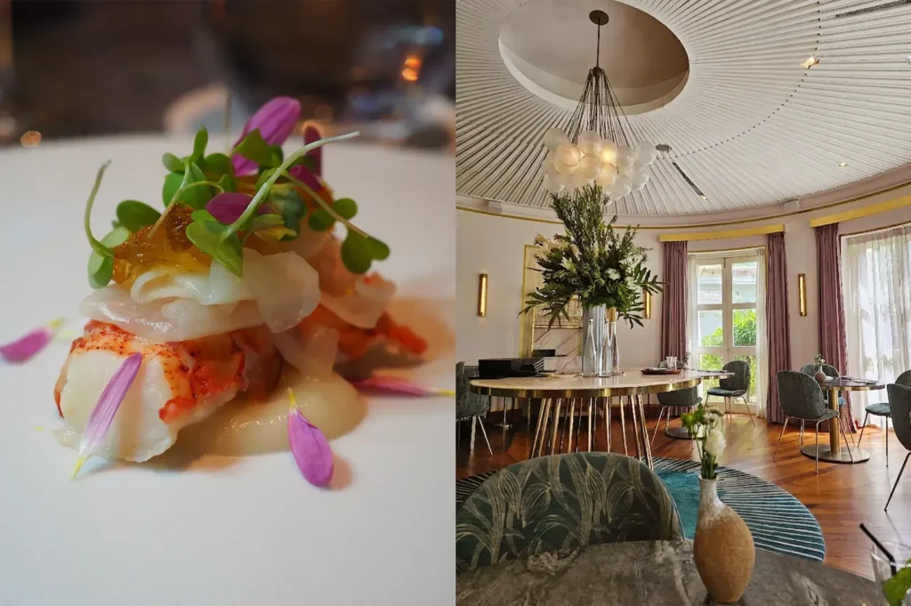 Plated seafood dish with microgreens and bright dining room with statement ceiling.
