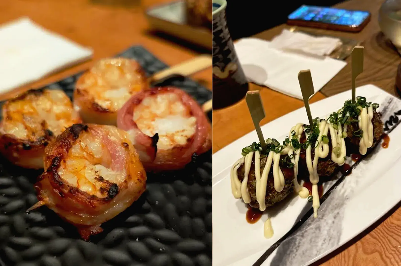 Grilled bacon-wrapped shrimp skewers and Japanese meat skewers at Cuppage Plaza Japanese izakaya in Orchard Singapore