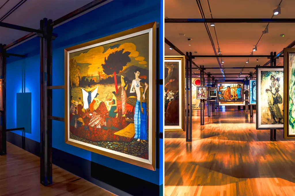 Southeast Asian art collection display inside National Gallery Singapore museum with modern gallery interiors and framed masterpieces