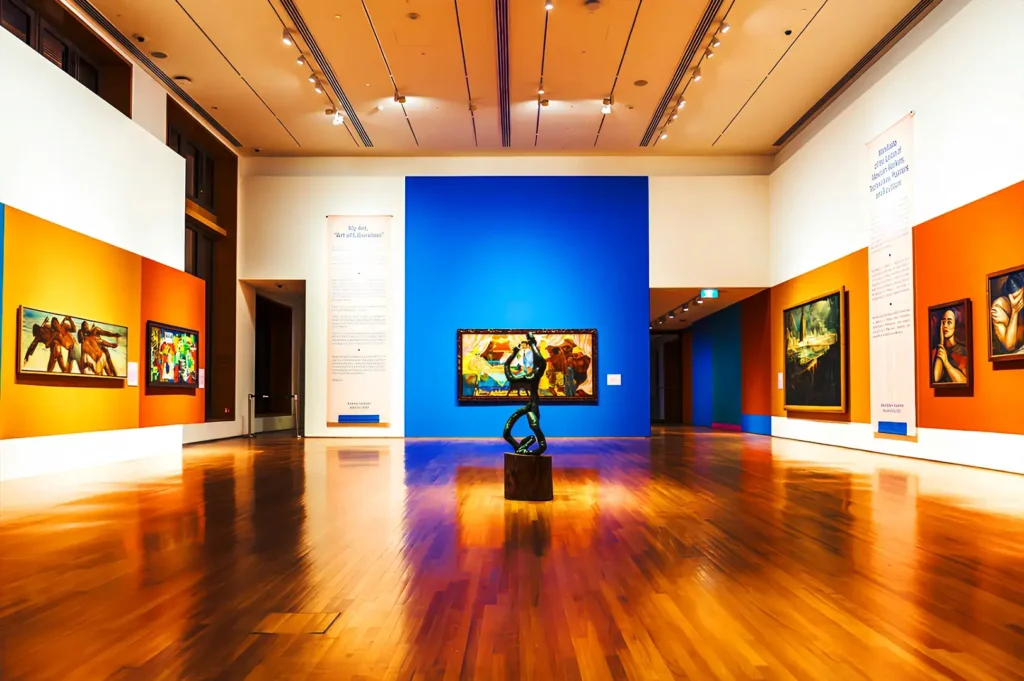 Contemporary art gallery exhibition hall at National Gallery Singapore with colorful Southeast Asian artworks