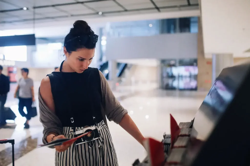 A person looks at brochures displayed on a stand in a modern building with blurred figures in the background.