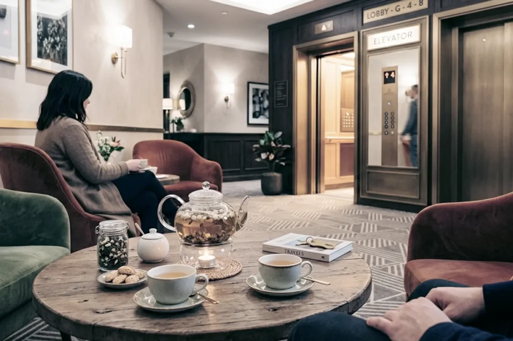 Woman with tea and teapot at lobby table, elevator doors in background.