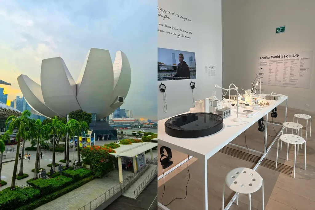 ArtScience Museum lotus exterior and minimalist gallery interior.