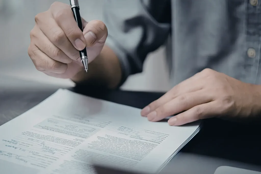 A close-up of hands writing on a document with a pen, with a laptop visible in the foreground.