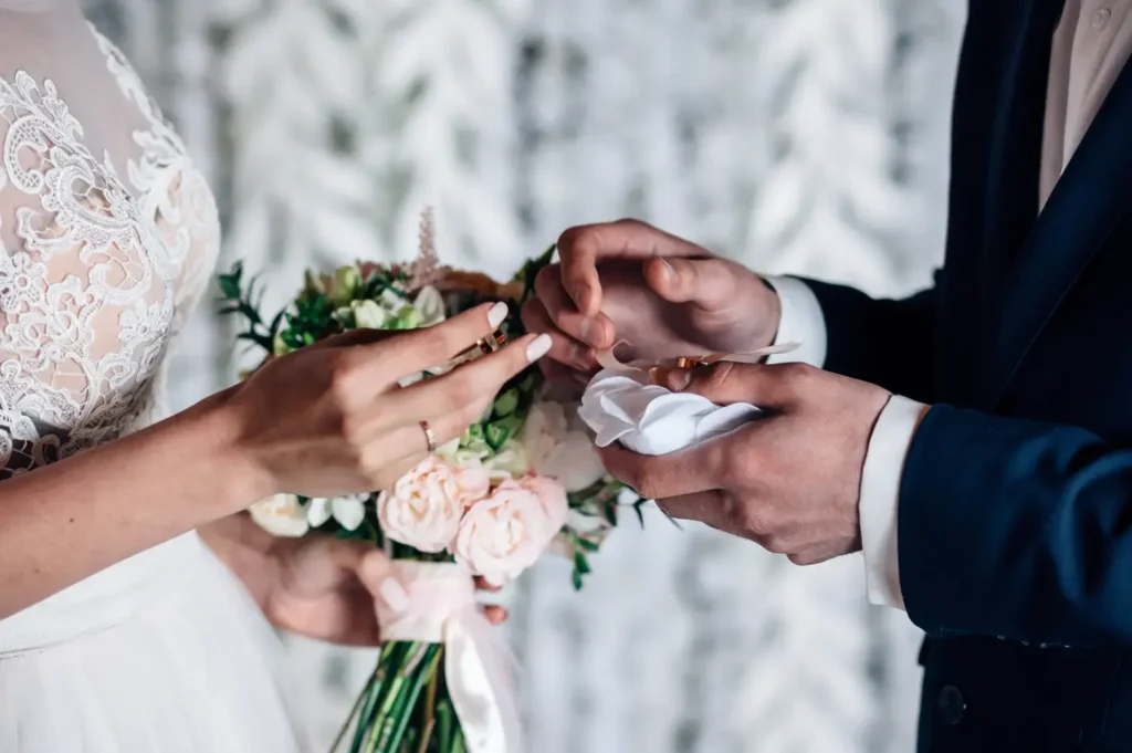Couple exchanging wedding rings.