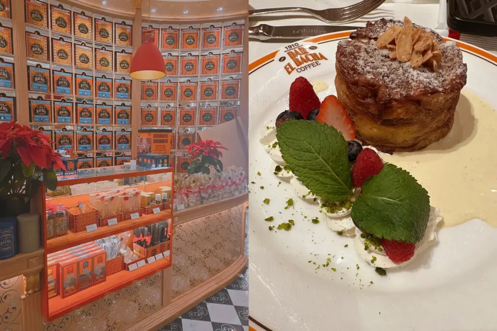 Bacha Coffee boutique with tea drawer wall and plated pastry with berries.