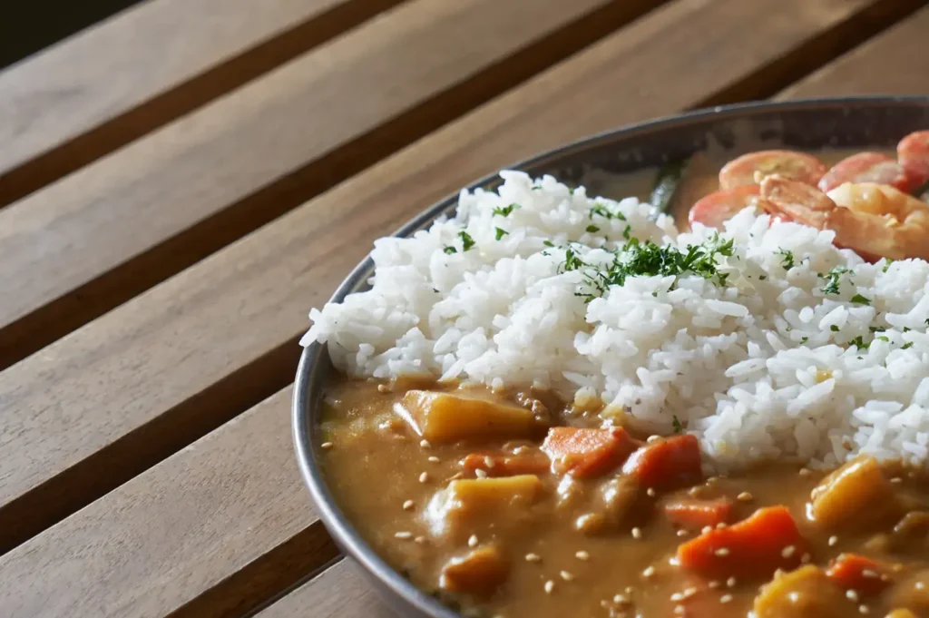Soup curry with chicken and vegetables in white bowl, chopsticks and tea cup on wooden table.